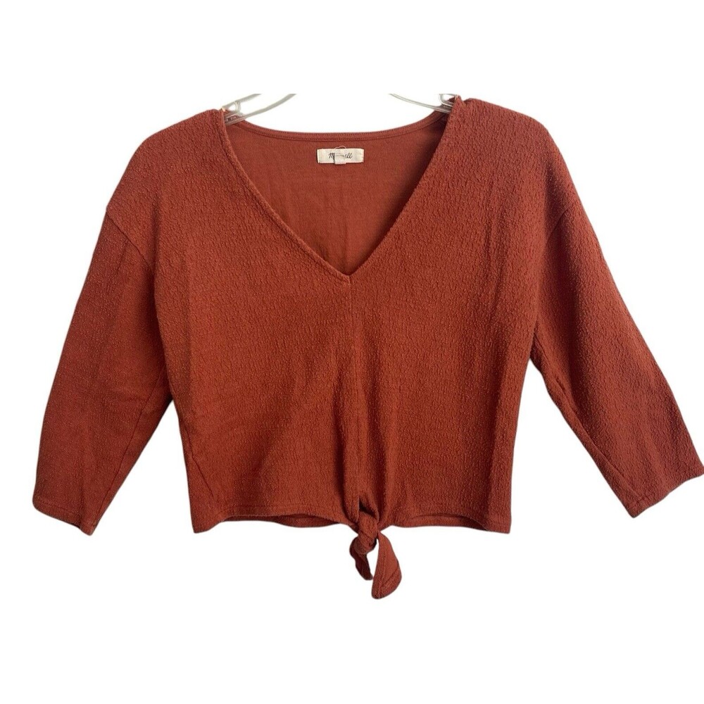 Madewell Texture Thread S Long Sleeve Front Tie Crop Top Ribbed Top Rust Orange‎